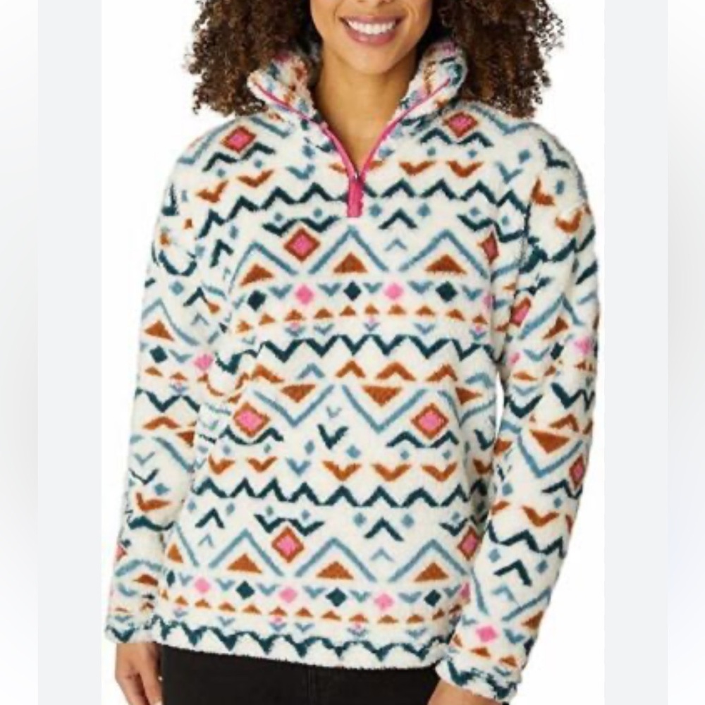 EDDIE BAUER Plush 1/4 Zip Pullover Aztec Blue/Pink/Gold Size Large